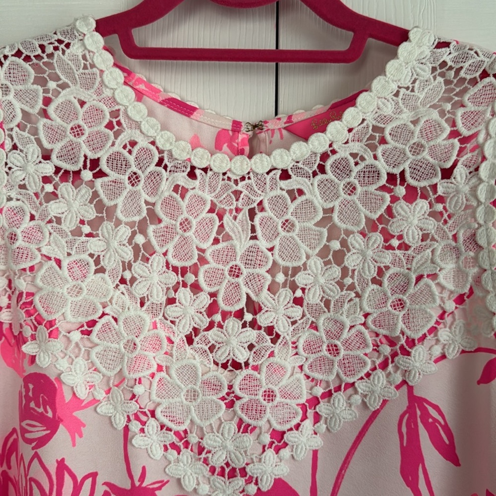Lilly Pulitzer Pink and White Floral Lace-Trim Mini Dress - Picture 2 of 7